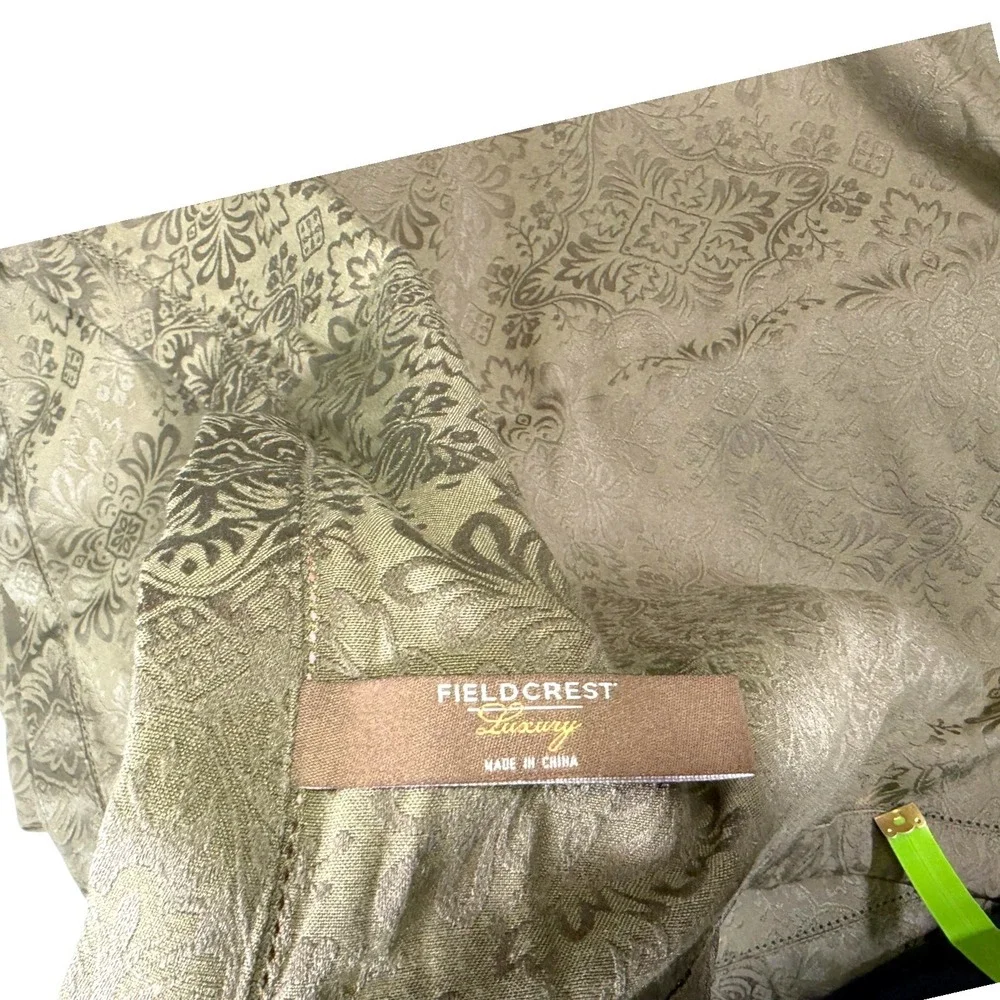 Fieldcrest Luxury 64x240 Olive Green Damask Tablecloth 8 Napkins Set Hemstitch